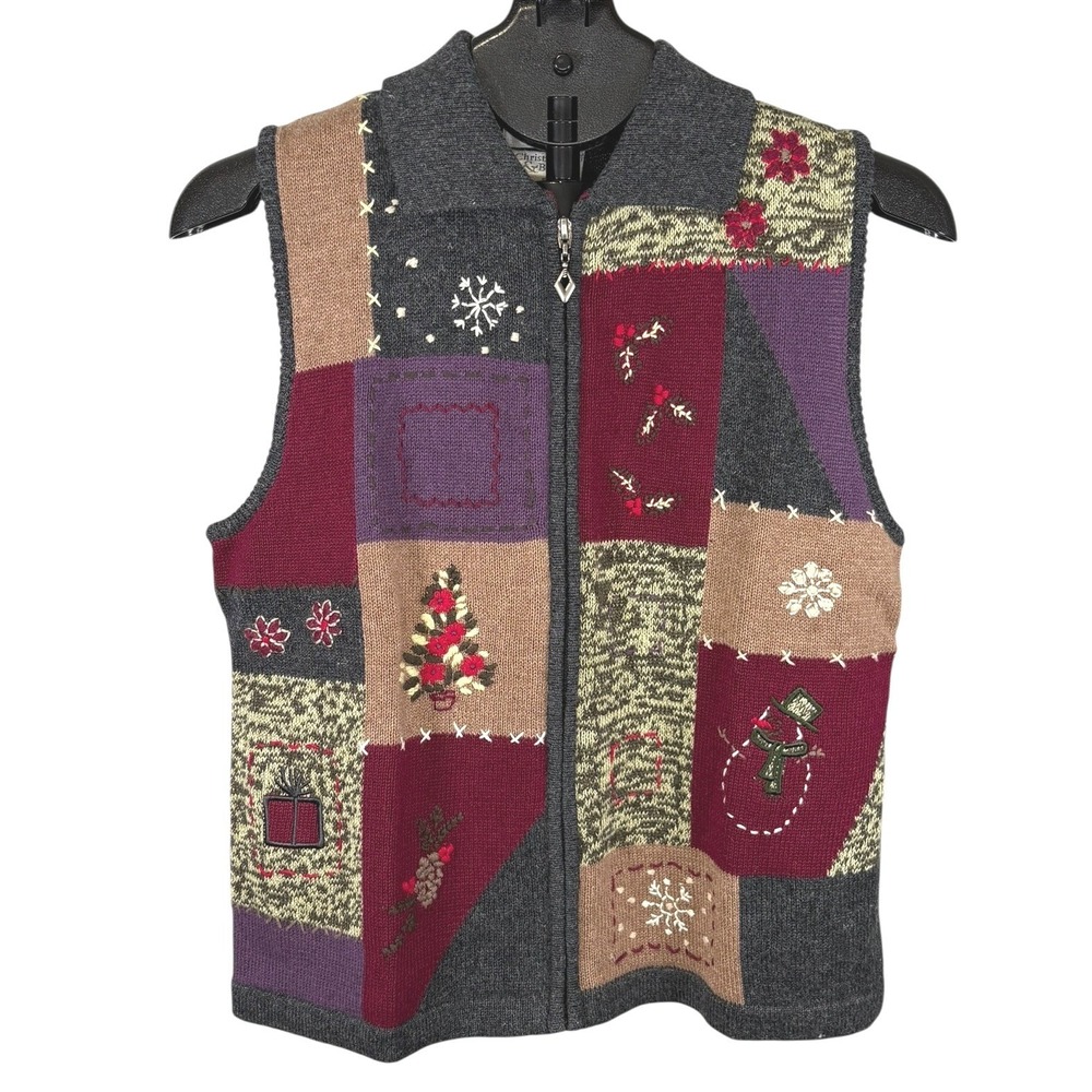 Christopher & Banks Womens  Christmas Sweater‎ Vest Zip Patchwork Embroidered